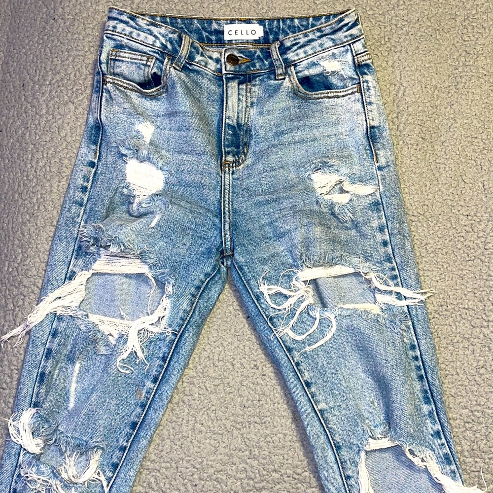 Medium-light washed high waisted distressed denim jeans, size- 1/25